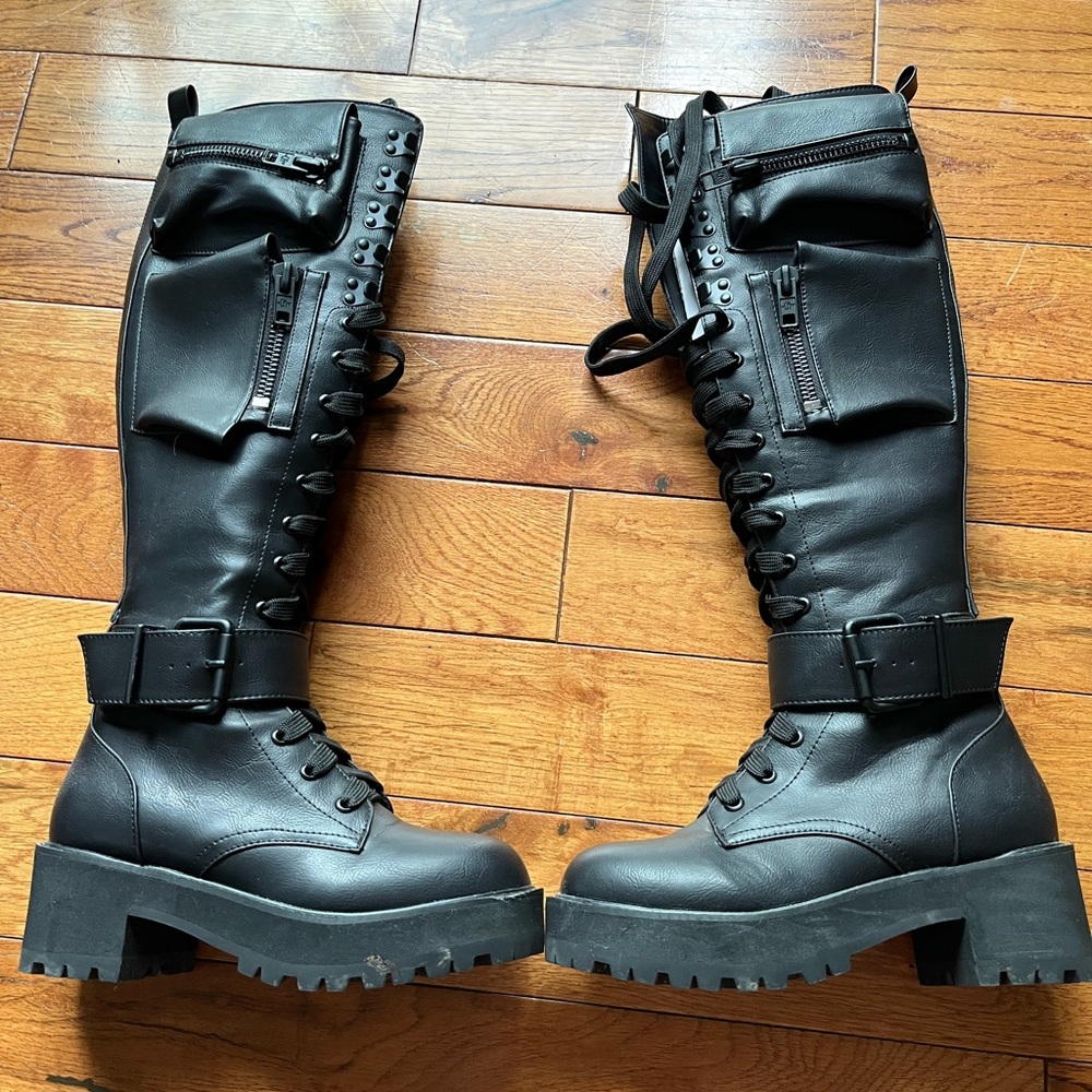Dolls Kill Black Combat Moto Boots with Platform Soles
